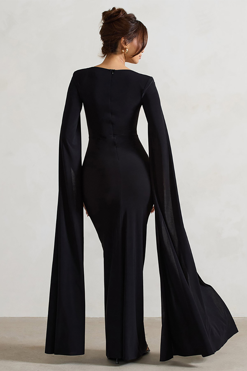 Boat Neck Caped Sleeve Ruched Bodycon Slit Gowns Maxi Dresses-Burgundy-Hayhty.All Rights Reserved.