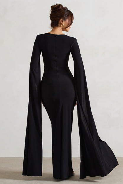 Boat Neck Caped Sleeve Ruched Bodycon Slit Gowns Maxi Dresses-Burgundy-Hayhty.All Rights Reserved.