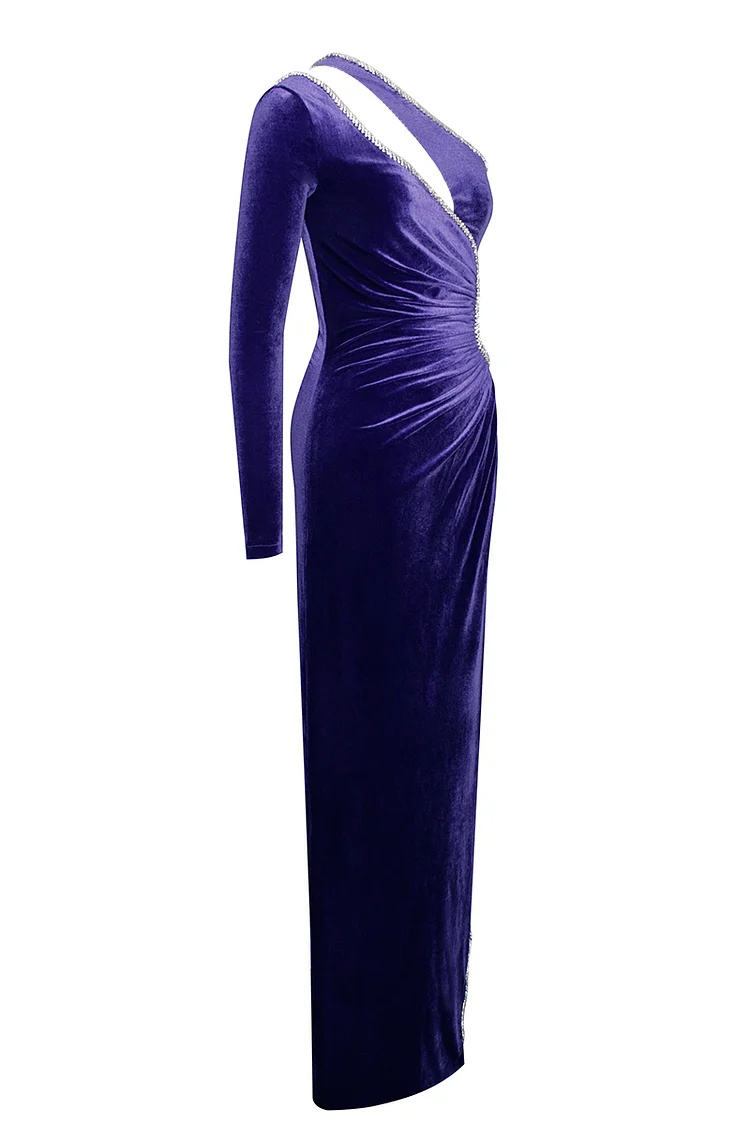 One Shoulder Rhinestone Tied Up Maxi Velvet Prom Dresses-Hayhty.All Rights Reserved.