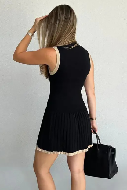 Stand Collar Colorblock Trim Pleated Hem Knit Mini Tank Dresses-White-Hayhty.All Rights Reserved.