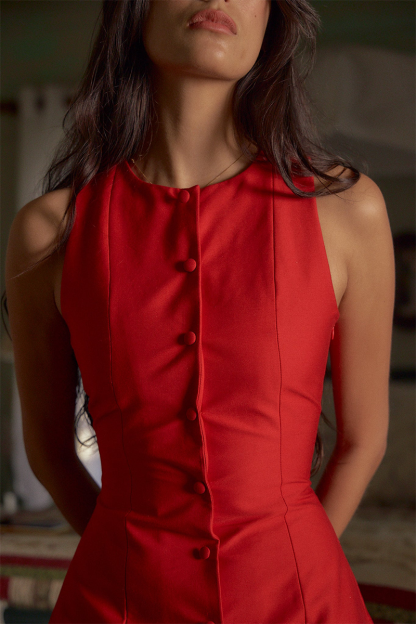 Round Neck Button Up Bodycon Plain Mini Tank Dresses-Red-Hayhty.All Rights Reserved.