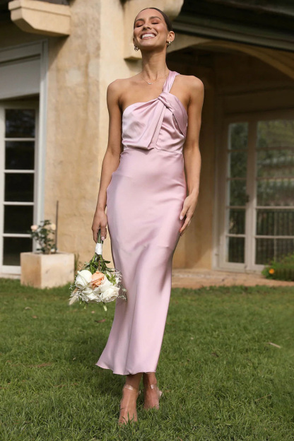 One Shoulder Backless Satin Bridesmaid Wedding Party Bodycon Fishtail Maxi Dress-Hayhty.All Rights Reserved.