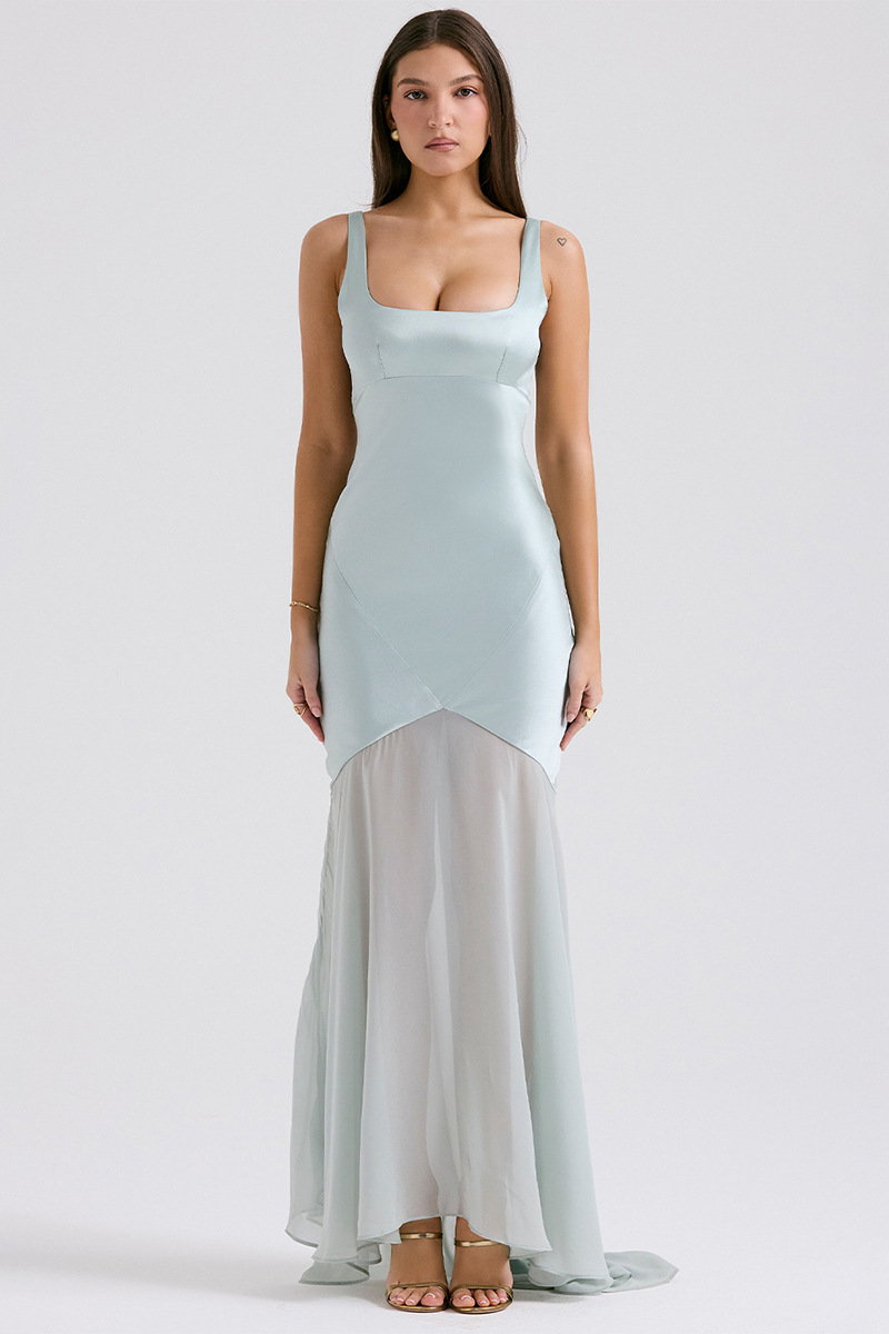 Square Neck Satin Patchwork Bodycon Fishtail Hem Gowns Slip Maxi Dresses-Blue-Hayhty.All Rights Reserved.