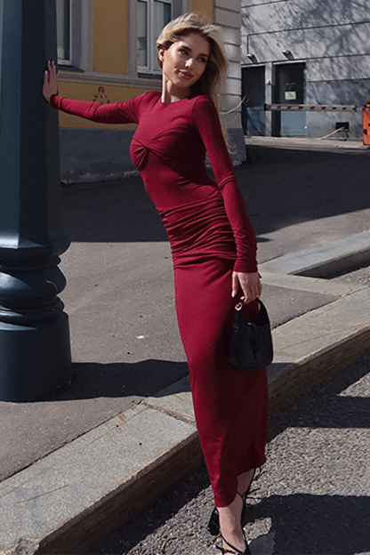 Round Neck Long Sleeve Ruched Slim Fit Maxi Dresses-Red-Hayhty.All Rights Reserved.
