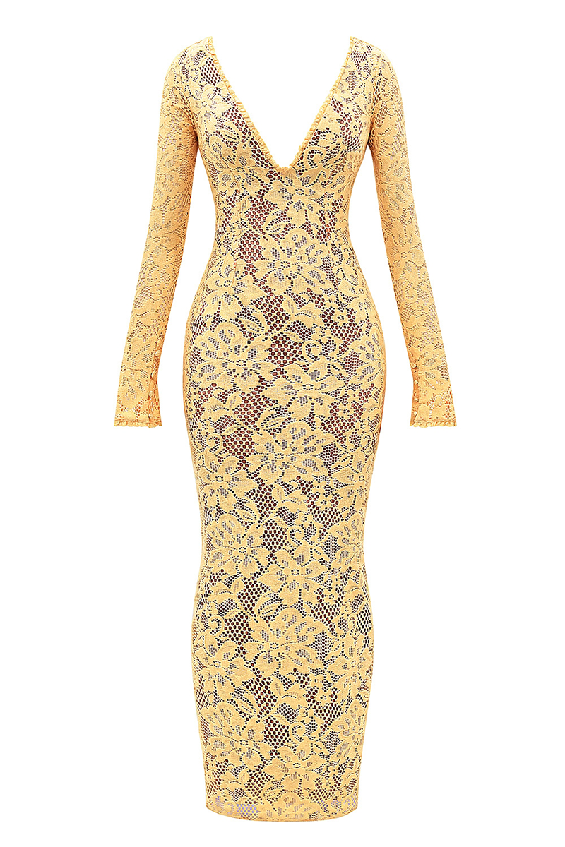 Floral Lace Deep V Neck Long Sleeve Slit Hem Maxi Dresses-Yellow-Hayhty.All Rights Reserved.