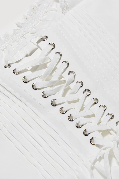A-line White Boat Neck Tied Up Cami Backless Lace Up Pleated Embroidery Hem Mini Dresses-Hayhty.All Rights Reserved.
