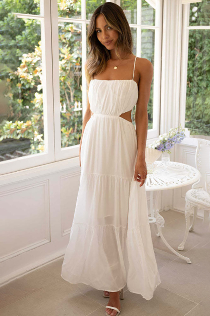 Ruched Cut Out Tiered Hem Vacation Slip Maxi Dress-Hayhty.All Rights Reserved.