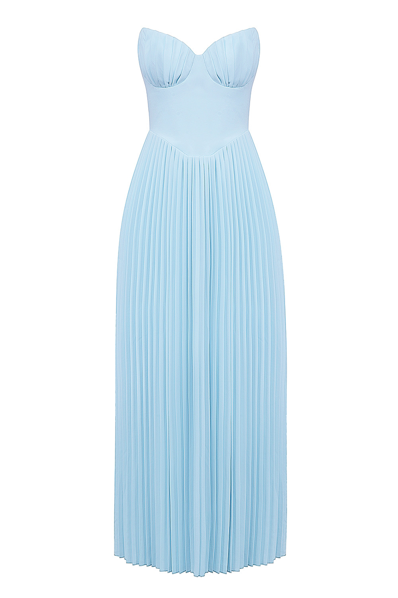 Strapless Cinch Waist Pleated Maxi Dresses-Blue-Hayhty.All Rights Reserved.
