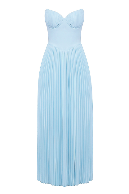 Strapless Cinch Waist Pleated Maxi Dresses-Blue-Hayhty.All Rights Reserved.