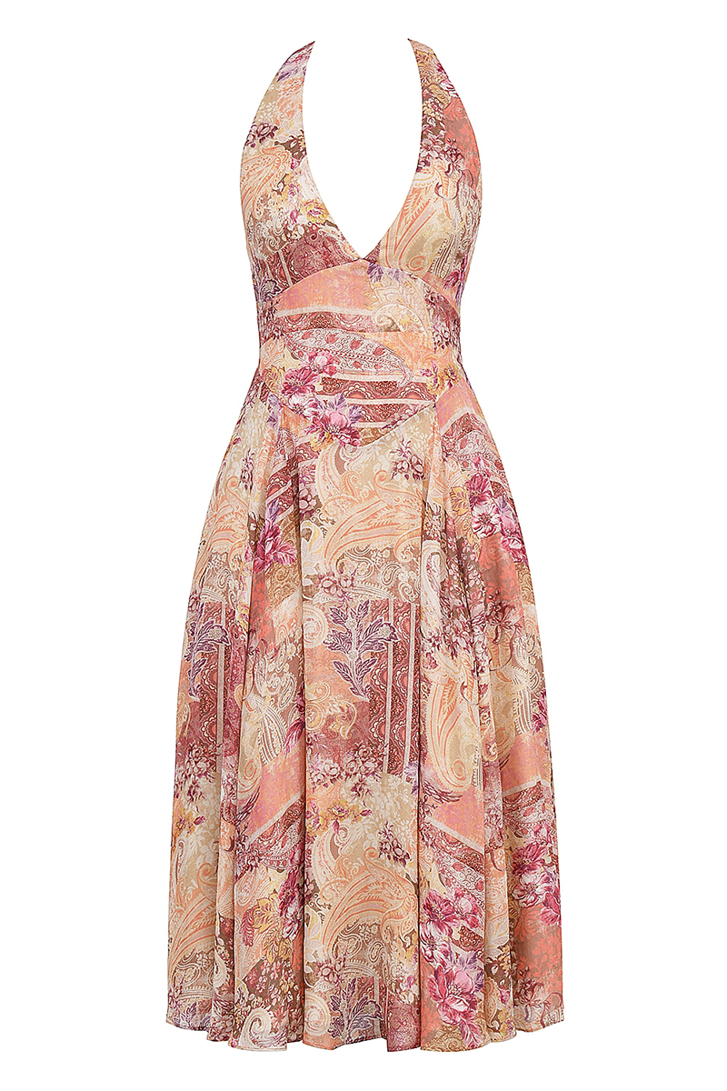 Floral Paisley Mixed Print Cinch Waist Halter Midi Dresses-Purple-Hayhty.All Rights Reserved.