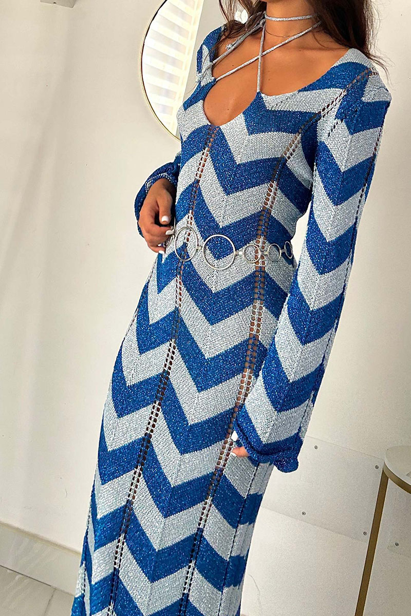 Colorblock Wavy Crochet Long Sleeve Vacation Cover-Up Maxi Dresses-Black-Hayhty.All Rights Reserved.