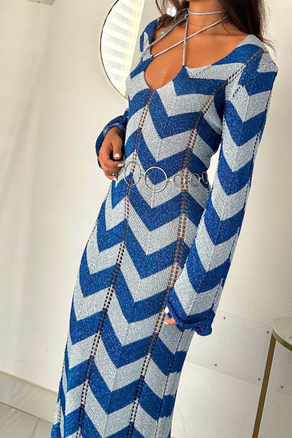 Colorblock Wavy Crochet Long Sleeve Vacation Cover-Up Maxi Dresses-Black-Hayhty.All Rights Reserved.
