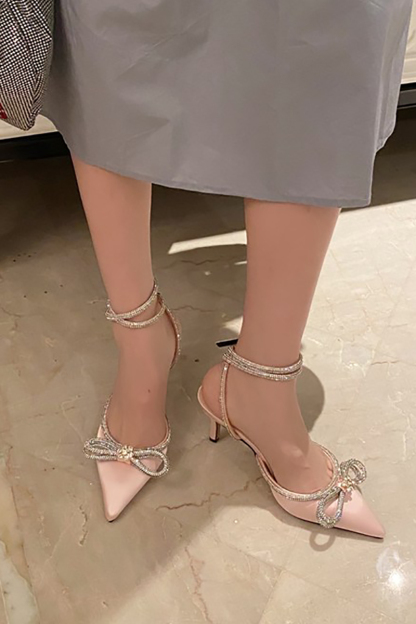 Rhinestone Bow Patchwork Pointy High Heel Sandals-Hayhty.All Rights Reserved.