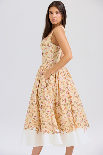 Floral Print Cinch Waist Wide Straps Bouffant Midi Dresses-Yellow-Hayhty.All Rights Reserved.