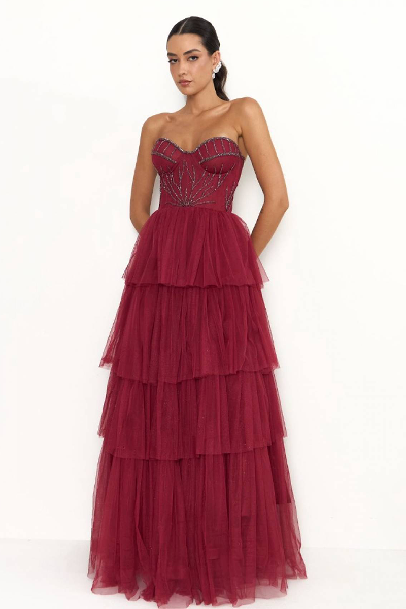 Embroidery Strapless Tiered Hem Tulle Gowns Maxi Dresses-Burgundy-Hayhty.All Rights Reserved.