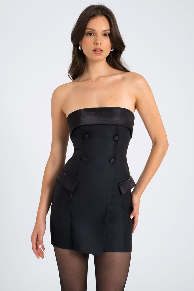 Boat Neck Strapless Double-Breasted Bodycon Mini Dresses-Black-Hayhty.All Rights Reserved.