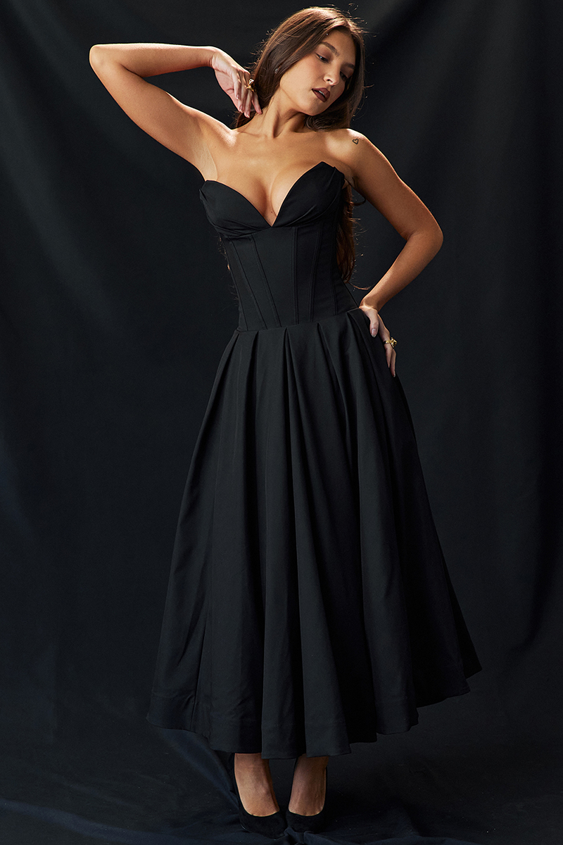 Deep V Neck Strapless Corset A-Line Pleated Midi Dresses-Black-Hayhty.All Rights Reserved.
