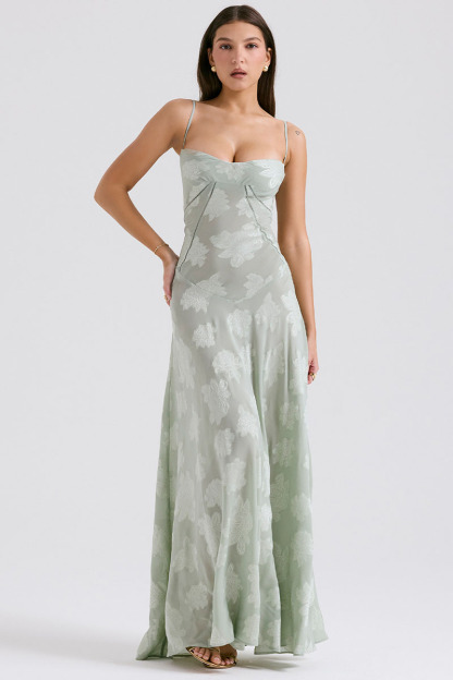 Elegant Floral Print Quilted Lace Up Back Formal Party Flowy Maxi Dresses-Green-Hayhty.All Rights Reserved.