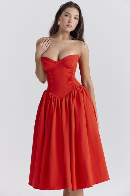 Strapless Corset Pleated Hem Prom Party Midi Dresses-Red-Hayhty.All Rights Reserved.