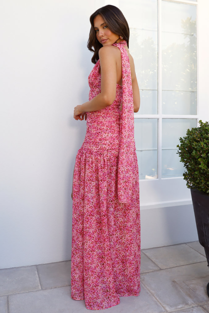 Ditsy Floral Print Cutout Neck Wrap High Slit Flowy Maxi Dresses-Pink-Hayhty.All Rights Reserved.