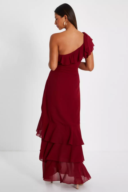 Sleeveless One Shoulder Ruffled Chiffon Maxi Dresses-Red-Hayhty.All Rights Reserved.