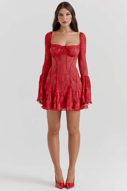 Lace Flared Sleeve Corset A-Line Ruffled Vacation Mini Dresses-Hayhty.All Rights Reserved.