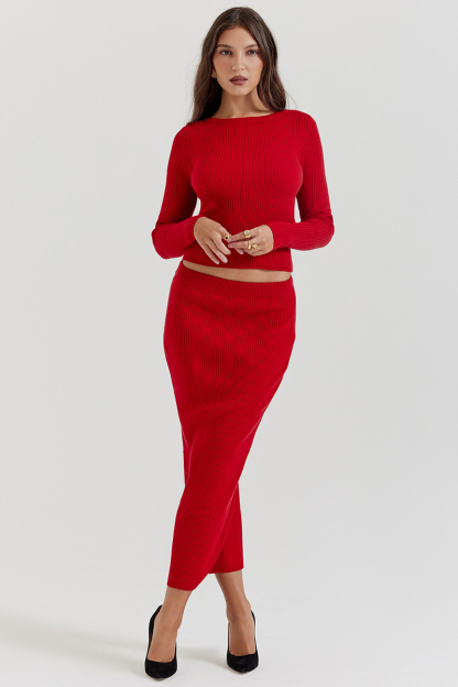 Pit Knit Long Sleeve Ribbon Back Crop Top Solid Midi Skirt Matching Set-Red-Hayhty.All Rights Reserved.