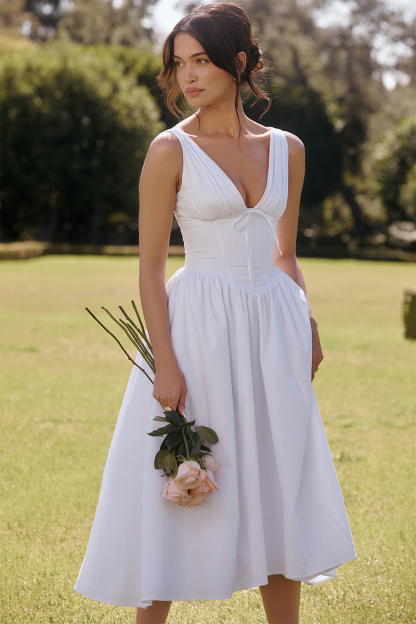 Deep V Neck Cinch Waist Solid Color Midi Tank Dresses-White-Hayhty.All Rights Reserved.
