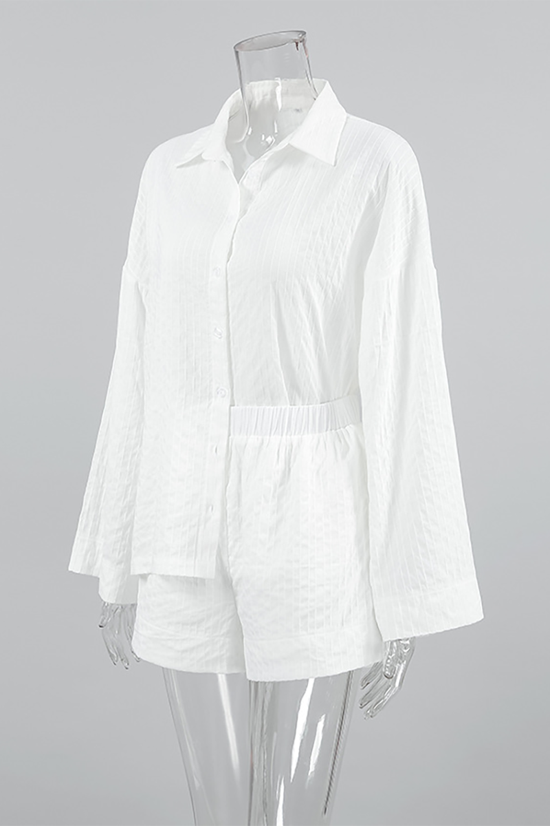 Striped Print Long Sleeve Loose Fit Blouse Casual Shorts Matching Set-White-Hayhty.All Rights Reserved.