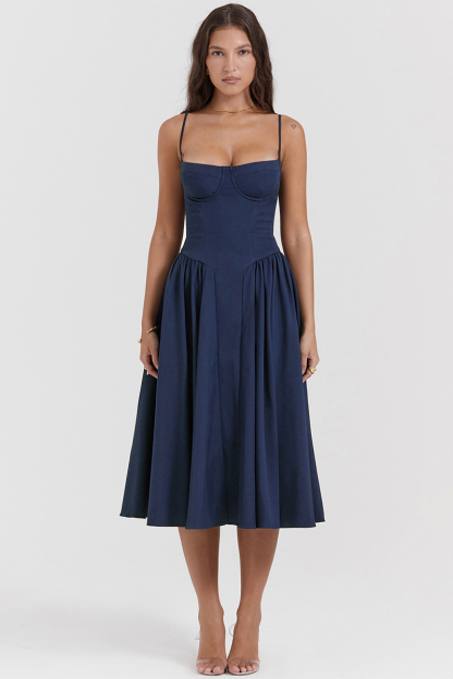 Elegant Cinch Waist Pleated Formal Party Slip Midi Dresses-Beige-Hayhty.All Rights Reserved.