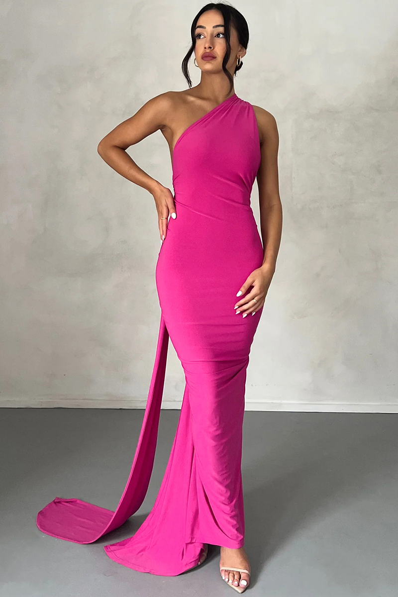 One Shoulder Sleeveless Sash Ring Decor Ruched Backless Elegant Evening Gown White Maxi Dresses-Hayhty.All Rights Reserved.