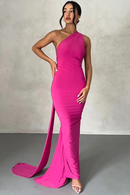 One Shoulder Sleeveless Sash Ring Decor Ruched Backless Elegant Evening Gown White Maxi Dresses-Hayhty.All Rights Reserved.