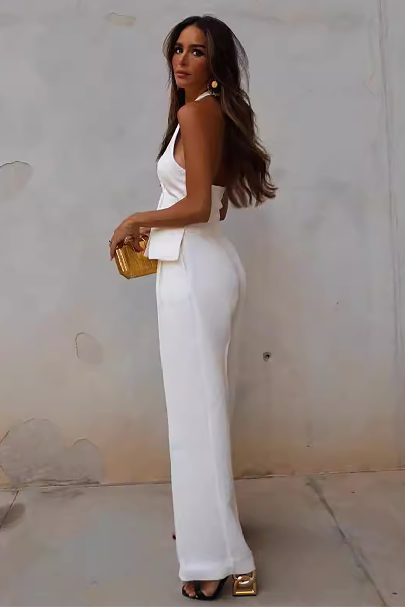 Halter Neck Button Up Vest Straight Leg Pants Matching Set-White-Hayhty.All Rights Reserved.