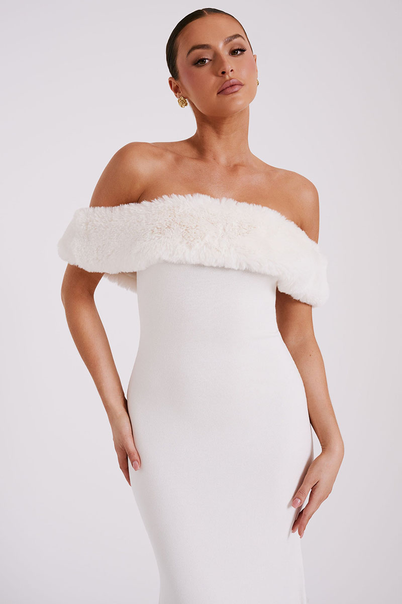 Fuzzy Patchwork Off Shoulder Knit Slim Fit Sweater Midi Dresses-White-Hayhty.All Rights Reserved.