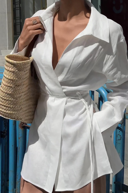 Turndown Collar Long Sleeve Tie Up Solid Color Side Slit Blouse-White-Hayhty.All Rights Reserved.