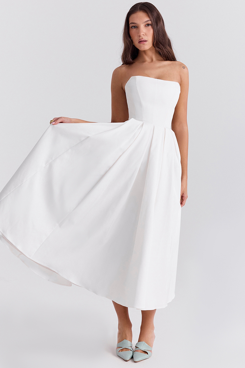 Elegant Strapless Corset Back Zipper Pleated Midi Dresses-White-Hayhty.All Rights Reserved.