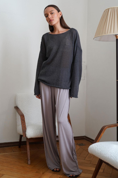 See Through Knit Flare Sleeve Loose Fit Solid Color Top-White-Hayhty.All Rights Reserved.