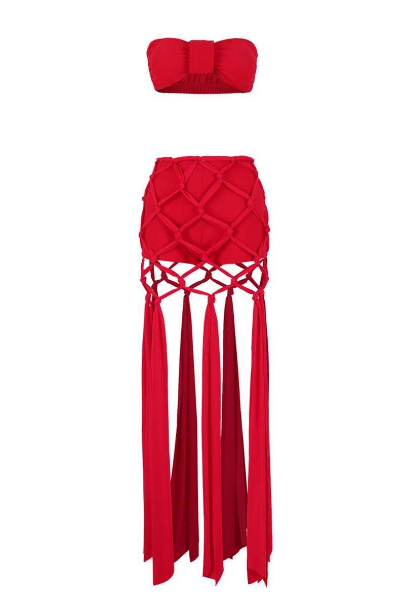 Ruched Strapless Crop Top Knotted Fringe Maxi Skirt Swimwear Set-Red-Hayhty.All Rights Reserved.