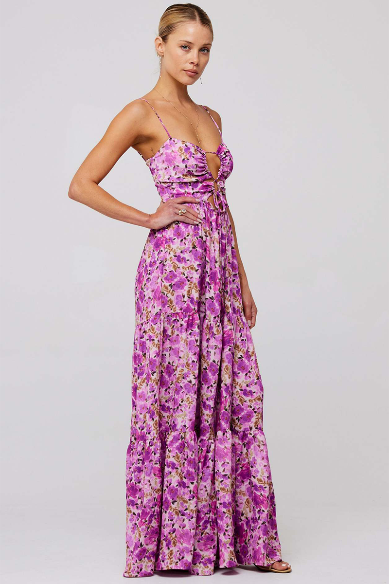 Floral Print Front Tie Up Spaghetti Strap Flowy Maxi Dresses-Orange-Hayhty.All Rights Reserved.