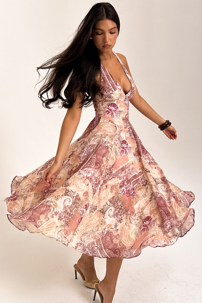 Floral Paisley Mixed Print Cinch Waist Halter Midi Dresses-Purple-Hayhty.All Rights Reserved.