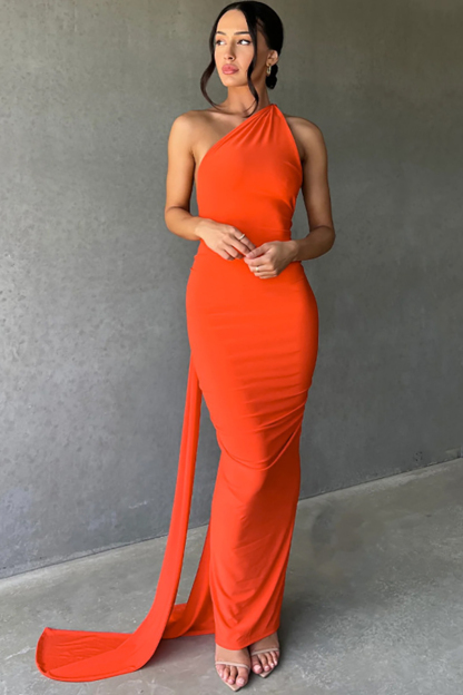 One Shoulder Sleeveless Sash Ring Decor Ruched Backless Elegant Evening Gown White Maxi Dresses-Hayhty.All Rights Reserved.