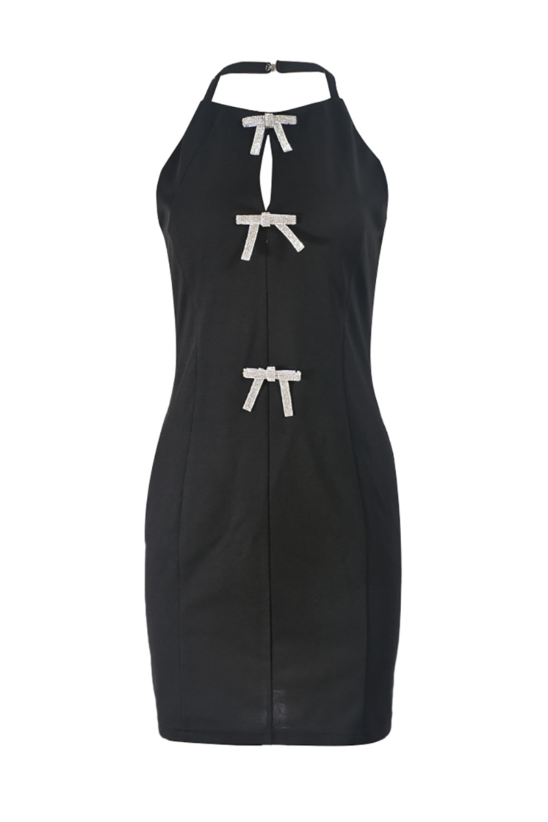 Bow Decor Cutout Halter Neck Bodycon Knit Mini Dresses-Black-Hayhty.All Rights Reserved.