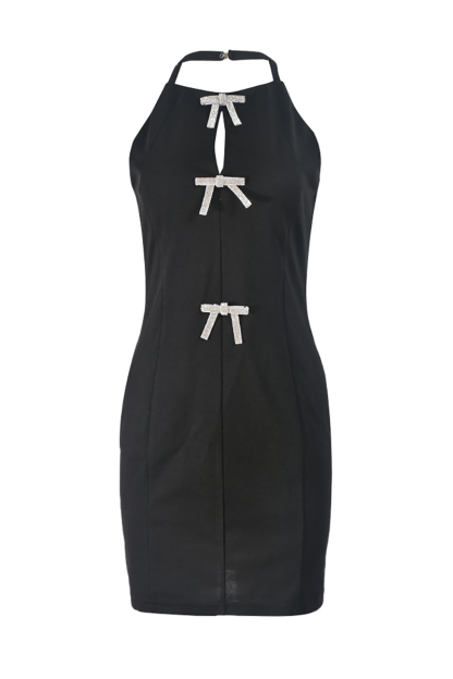 Bow Decor Cutout Halter Neck Bodycon Knit Mini Dresses-Black-Hayhty.All Rights Reserved.