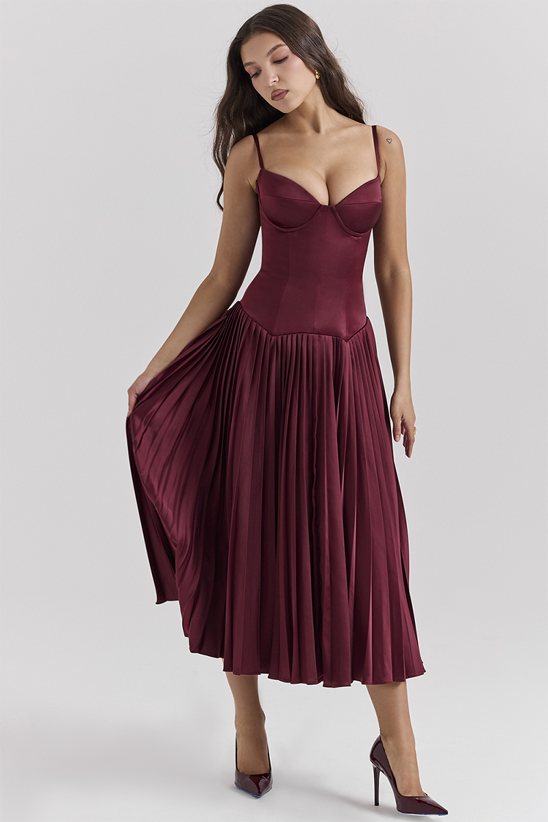 Irregular Neck Corset A-Line Pleated Hem Satin Slip Midi Dresses-Burgundy-Hayhty.All Rights Reserved.
