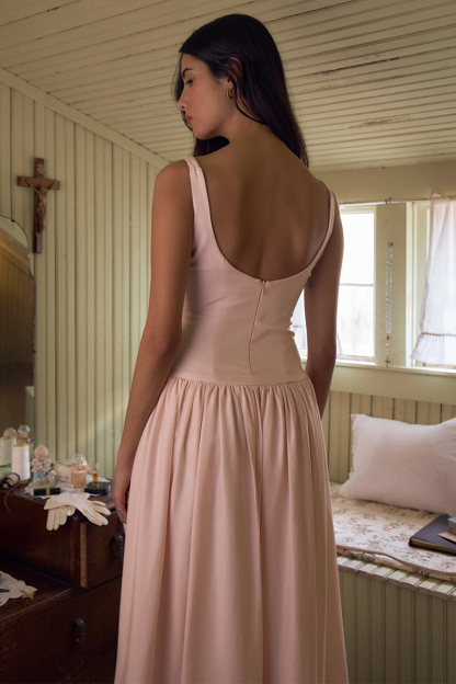 Boat Neck Button Up Cinch Waist Backless Pleated Hem Sleeveless Midi Dresses-Pink-Hayhty.All Rights Reserved.