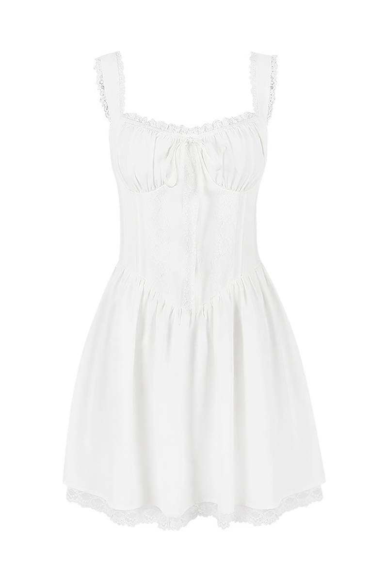 A-line White Boat Neck Tied Up Cami Backless Lace Up Pleated Embroidery Hem Mini Dresses-Hayhty.All Rights Reserved.
