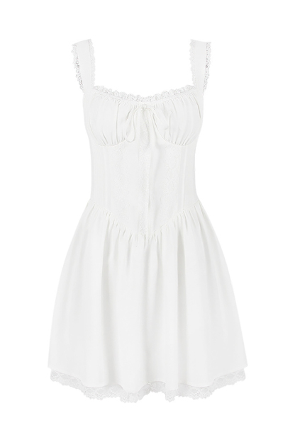 A-line White Boat Neck Tied Up Cami Backless Lace Up Pleated Embroidery Hem Mini Dresses-Hayhty.All Rights Reserved.