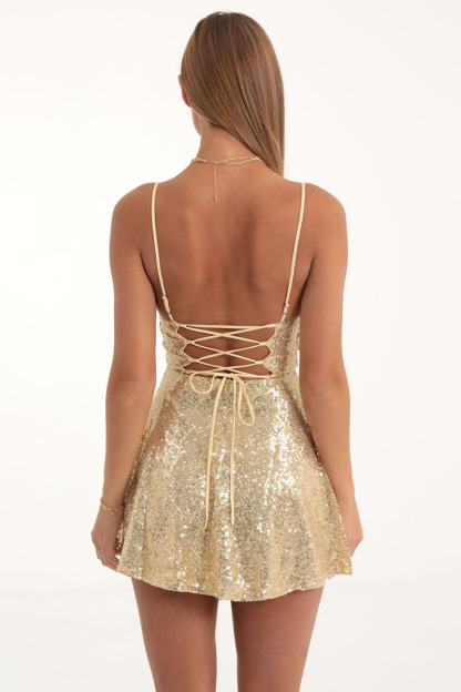 Sequins Cami Lace Up Backless A-Line Birthday Party Mini Dresses-Gold-Hayhty.All Rights Reserved.