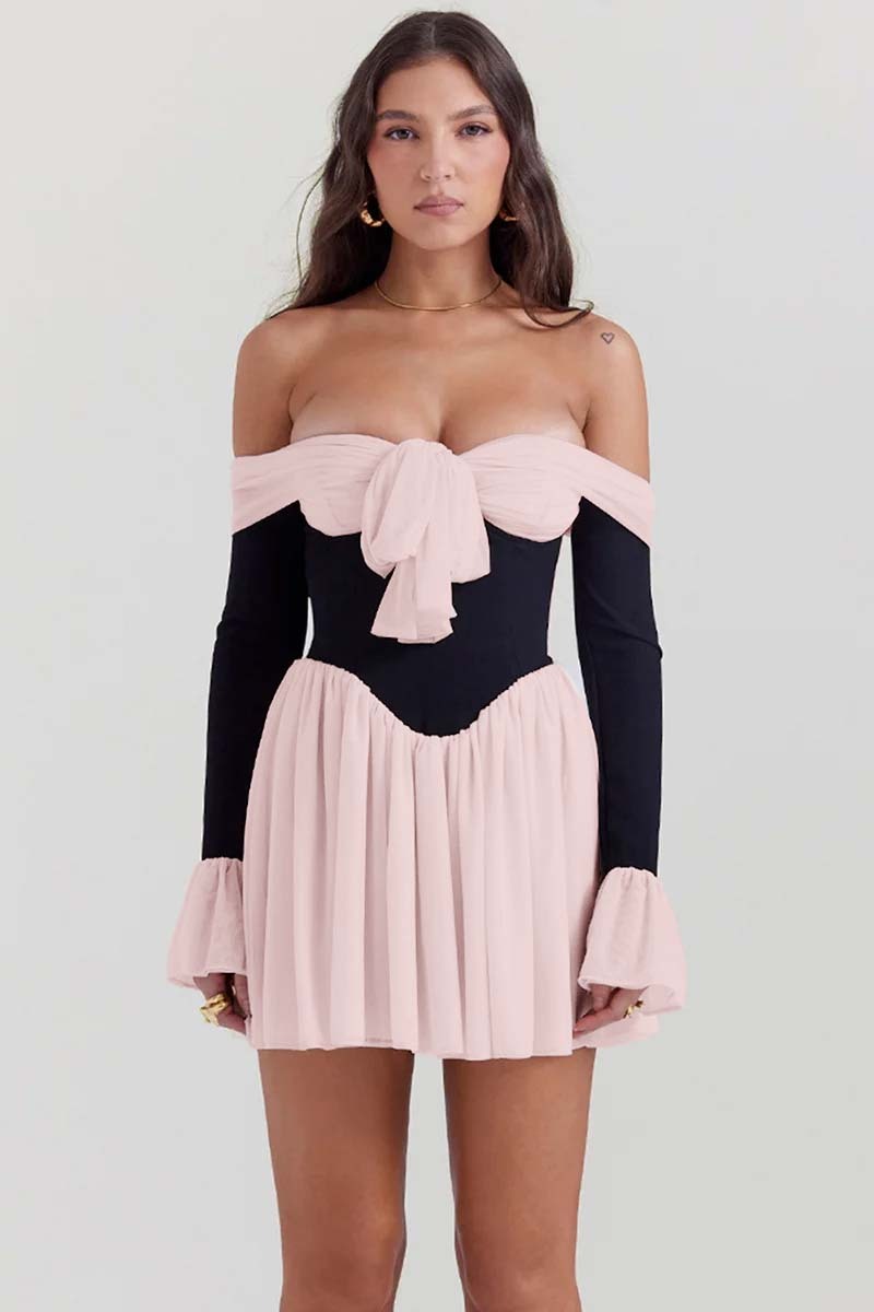 Off Shoulder Long Flare Sleeve Patchwork Knotted Pleated Hem Party Mini Dresses-White-Hayhty.All Rights Reserved.