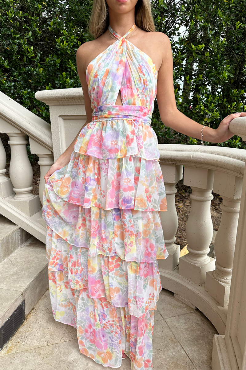 Halter Floral Print Ruffle Tiered Vacation Maxi Dresses-Pink-Hayhty.All Rights Reserved.